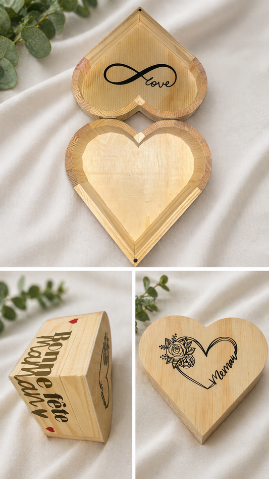 Boîte cœur en bois personnalisée – Gravure prénom & message